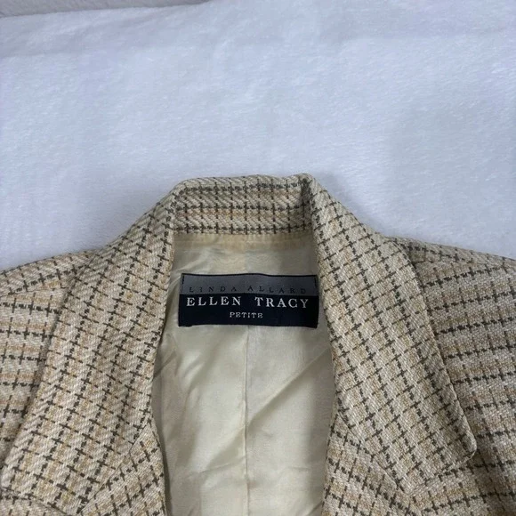VTG Linda Allard Ellen Tracy Petite Tweed Plaid Silk Suit Jacket Blazer Womens 8 - Picture 2 of 9